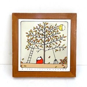 Vintage 1984 Lillian Vernon Autumn Tree Ceramic Tile Framed Wall Art hanging
